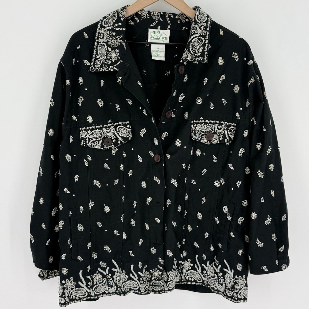 The Quacker Factory Women’s Floral Paisley Beaded Jacket Black Size 2X